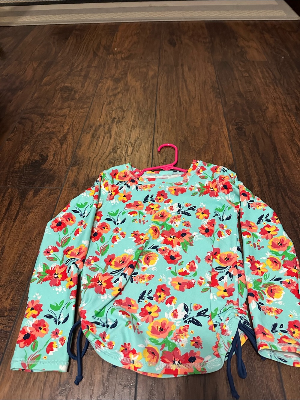 Ruffle Butts Aqua Floral Long-Sleeve Swim Rashguard with Pink & Coral Flowers